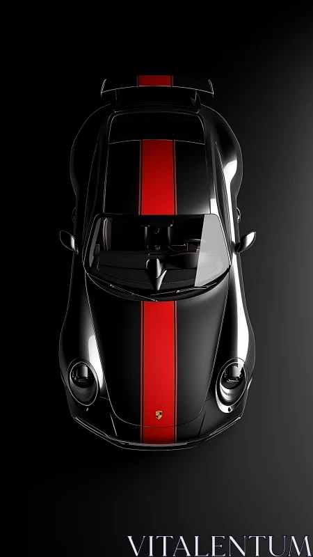 Black sports coupe top view with bold red center stripe.