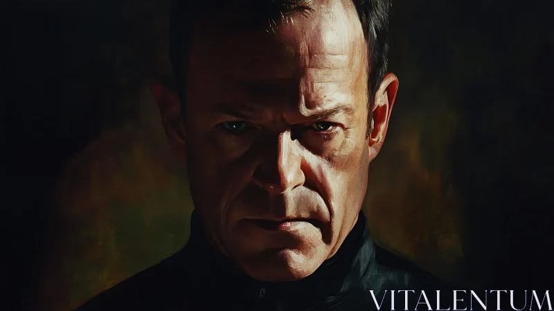 Storm-lit stare of a brooding man carved from shadowed light.