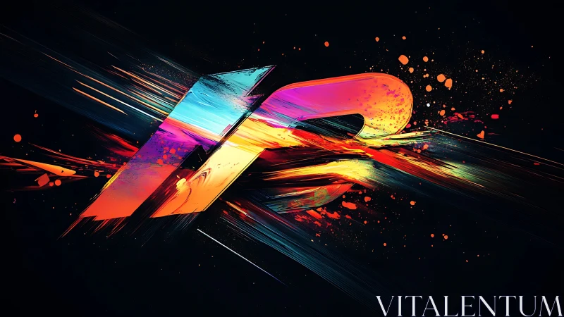 Bold abstract 3D letter R with neon streaks and splashes.