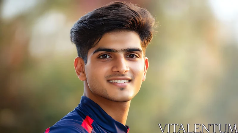 Photorealistic outdoor portrait with shallow depth of field focus.