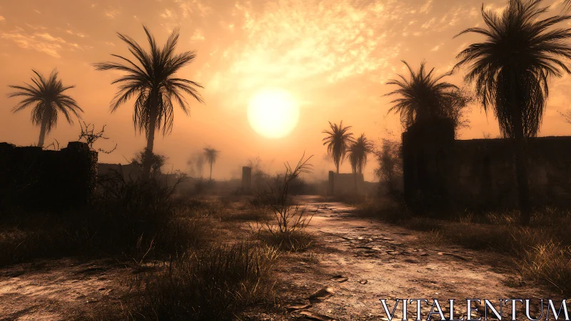 Sunlit desert path with palm trees and distant ruins.
