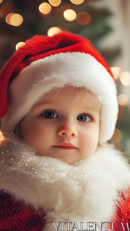 Festive child portrait in red Santa hat and bokeh lights.