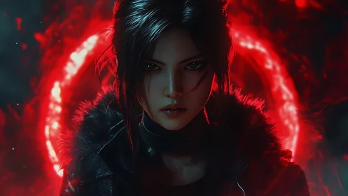 Fierce dark heroine framed by glowing crimson magic circle.
