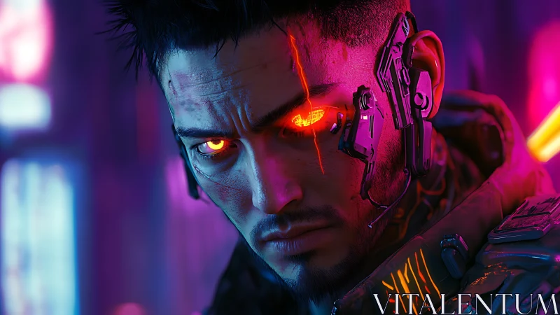 Cybernetic neon-augmented operative with luminous ocular implants.