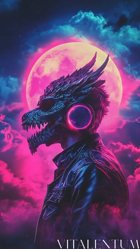 Neon-dragon cyborg profile against irradiated lunar halo.