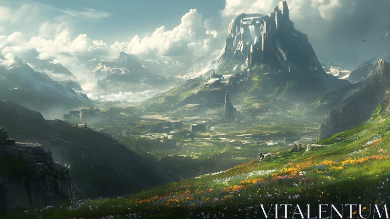 Sunlit valley and futuristic mountain fortress in bloom.