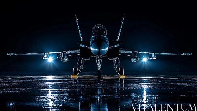 Midnight runway sentinel: jet fighter poised in blue light.