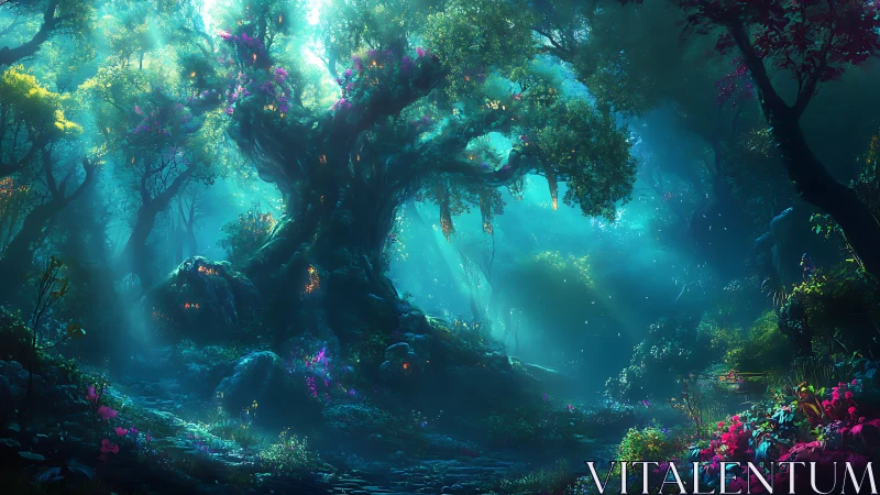 Enchanted Forest Sanctuary: Bioluminescent Ancient Grove with Ethereal Light.
