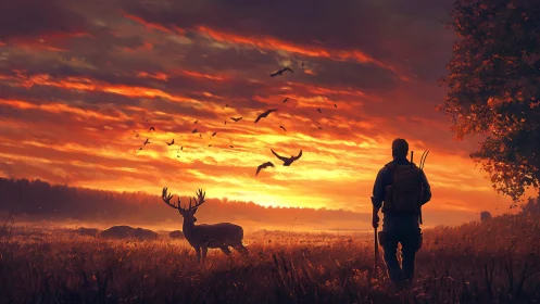 Hunter and stag in glowing sunset field with birds overhead.