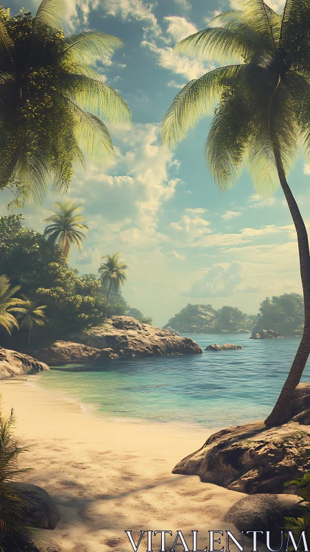 Tropical Beach with Palm Trees and Rocky Coastline.