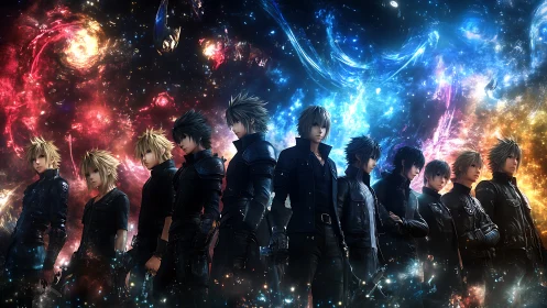 Starlit anime heroes stand united beneath swirling galaxies