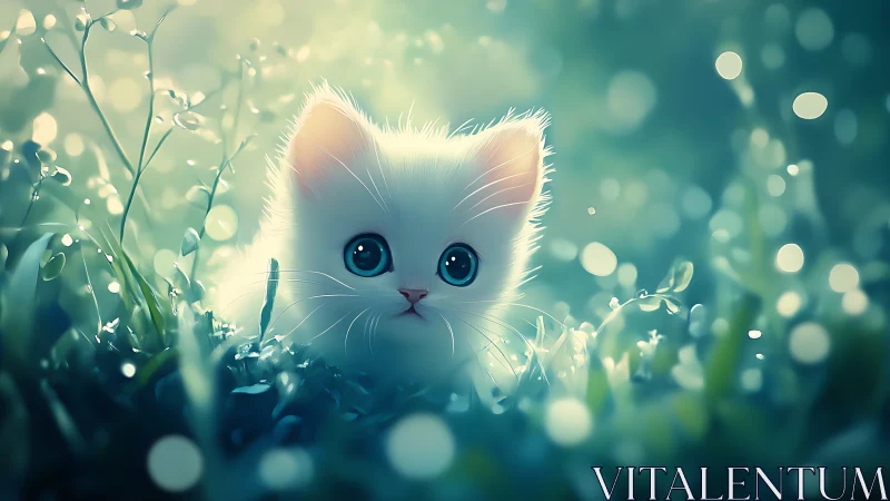 White Kitten in Botanical Bokeh Field: Digital Illustration.