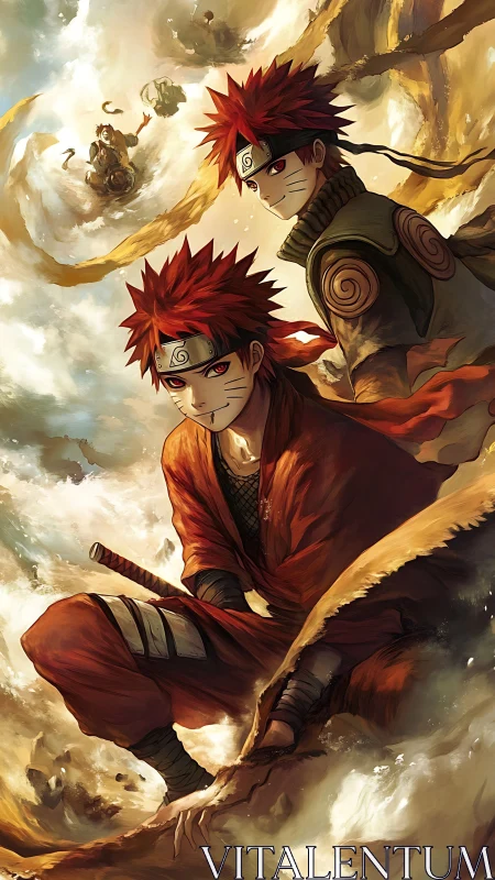 Dual anime warriors amid swirling golden storm clouds