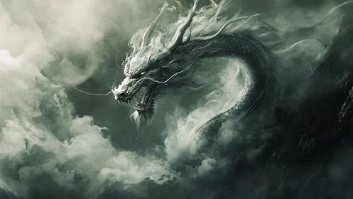 Monochrome storm dragon coils through volumetric clouds in dynamic arc