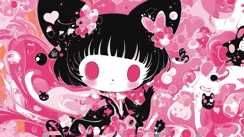 Anime chibi girl in saturated pink kawaii vector field.