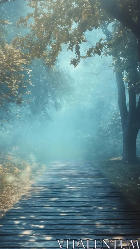 Tranquil Forest Pathway Through Mist and Golden Light.