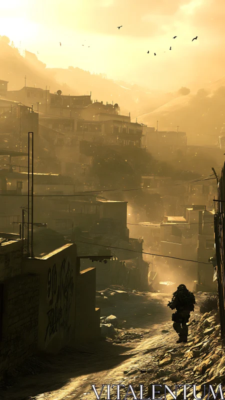 Sunlit hillside settlement with lone armored figure descending