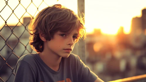 Young boy lost in thought by a city fence at golden sunset