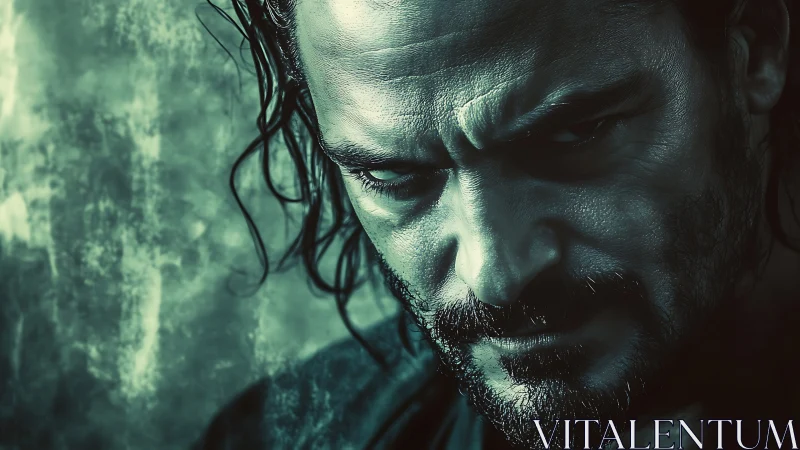 Storm-browed antihero glowering through teal-tinted gloom.