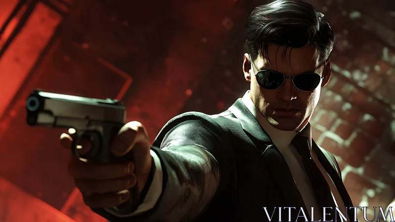 Tactical agent aiming handgun under cinematic red backlight.