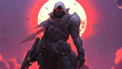 Armored sci‑fi assassin stalks a neon sky under full moon.