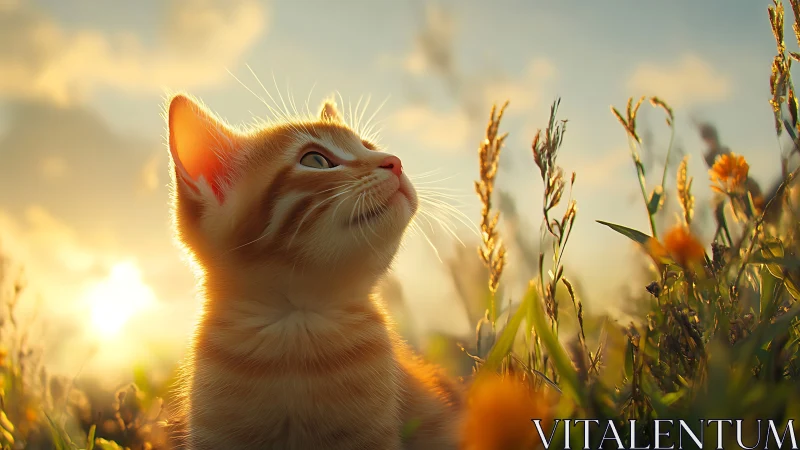 Backlit ginger kitten observed in shallow-depth sunset field