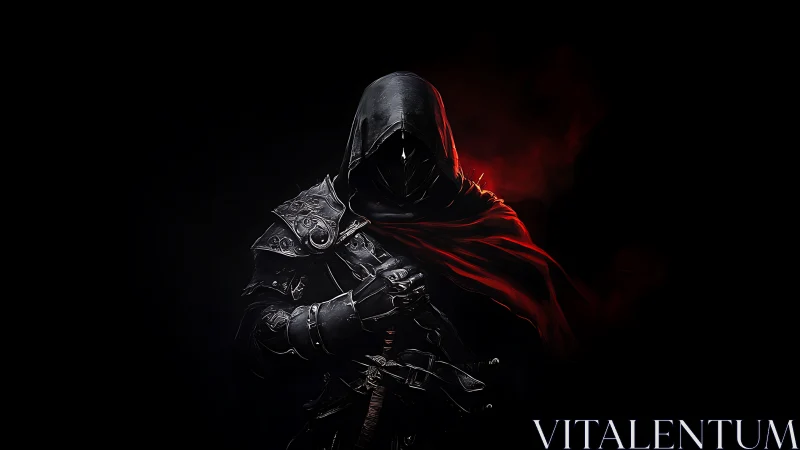 Mysterious hooded warrior wrapped in glowing crimson shadows.