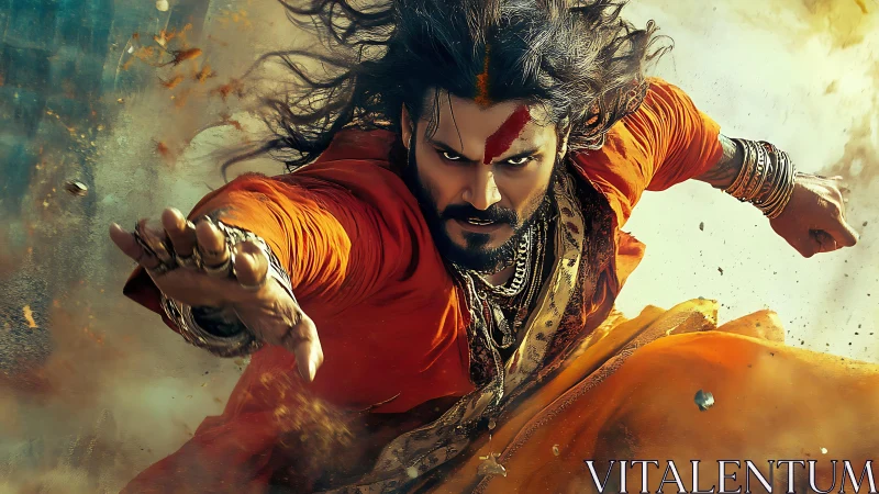 Warrior lunging forward in intense action scene.