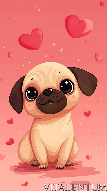 Adorable Pug Surrounded by Hearts on Pink Background.