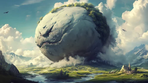 Colossal floating stone whale drifts above lush valley