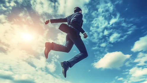 Businessman Leaping Against Sky with Dynamic Cloud Backdrop