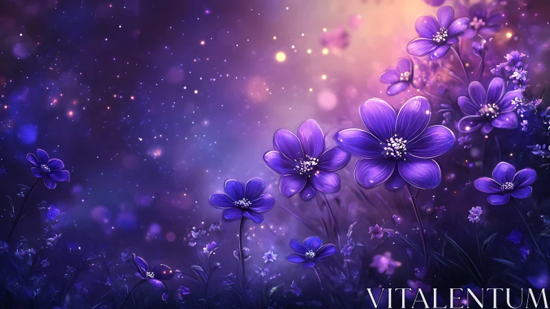 Luminescent Cosmos: Digital Flowers in Ethereal Purple Gradient.