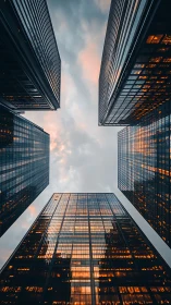 Glass office towers reflecting warm sunset light in city.