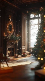 Warmly lit Victorian parlor showcases detailed Christmas decor and bokeh