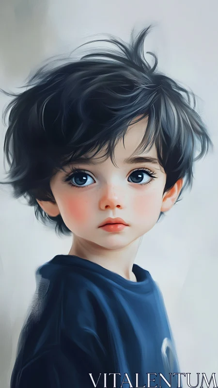Young Boy with Tousled Black Hair and Serene Blue Eyes.