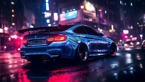 Electric blue sports car cruising through neon city rain.