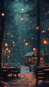 Snowy forest café terrace glows under dense hanging lanterns
