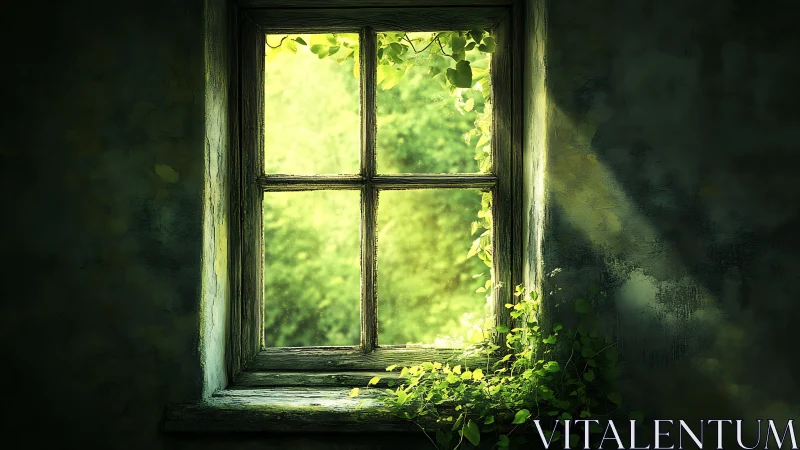 Weathered window frames glowing green garden view.