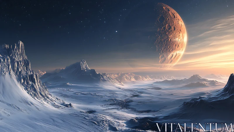 Digital painting of frozen alien valley under colossal moon.