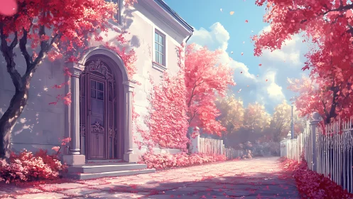 Elegant townhouse entrance beside bright pink tree-lined path.