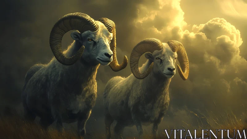 Majestic rams stand beneath stormlit golden clouds at dusk.