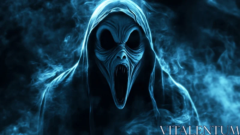 Spectral hooded wraith rendered in bioluminescent cyan haze.
