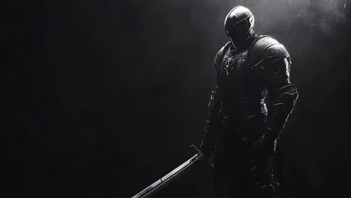 Armored figure stands in directional light holding a sword