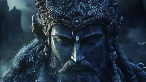 Moonlit stone monarch brooding in stormy sapphire silence.