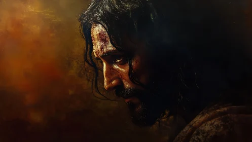 Brooding wounded man emerges from shadows in warm light.