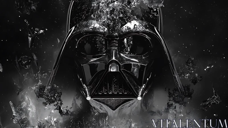 Helmeted mask silhouette forms from fragmented dark debris