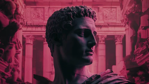 Chromatic reimagining of Roman bust amid neoclassical colonnade.