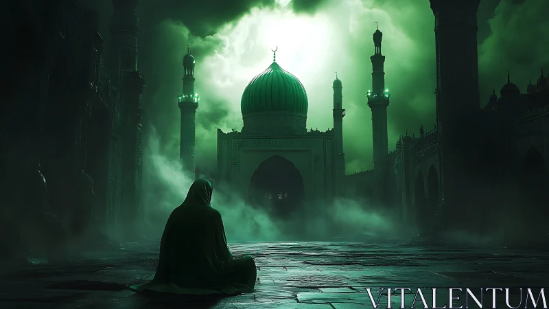 Solitary cloaked figure before luminous green domed mosque