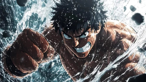 Dynamic anime boxer in high-impact splash-motion composition.