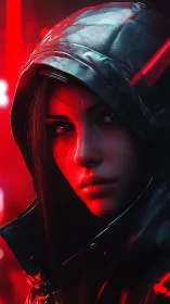 Hooded cyberpunk woman watches from neon red shadows.